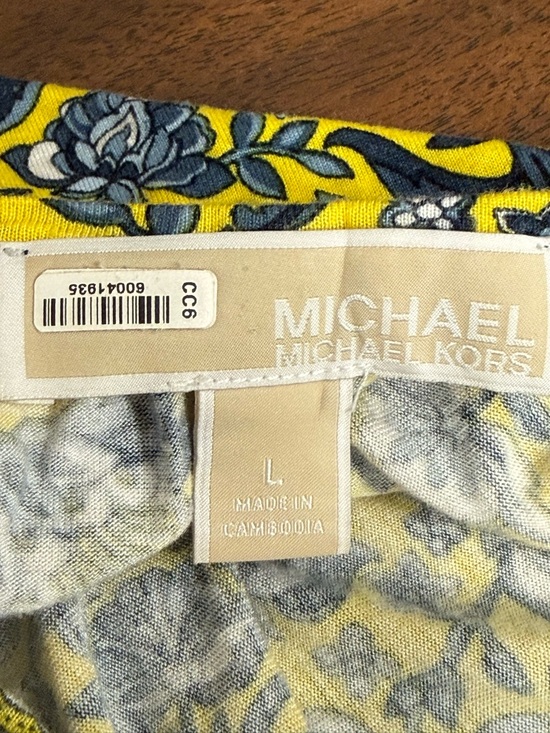 Michael Kors Yellow Blue Floral Peasant Top Large Boho Stretch Blouse - Picture 6 of 7
